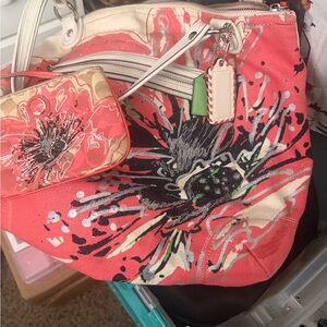 Coach Pink and Cream Floral Shoulder Bag with Wallet